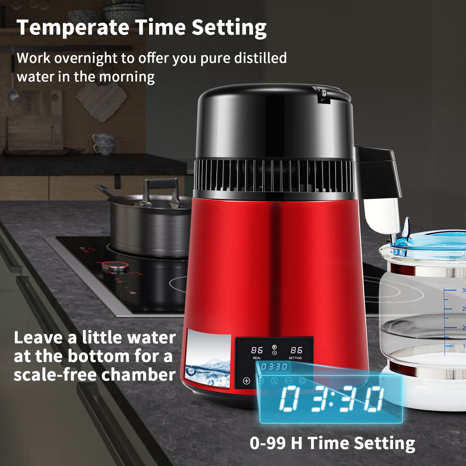 4L Water Distiller Distilled Water Maker 1 L/H w/ Timing Dual Temp Red V952-DSDW1LH4L220VZ53OV3