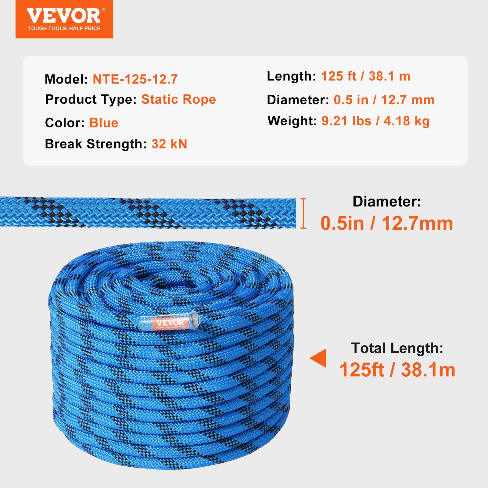 12.7mm Static Climbing Rope 38M(125ft) Outdoor Rock Climbing Rope Blue V952-DSJLSLSXWS12KKX58V0