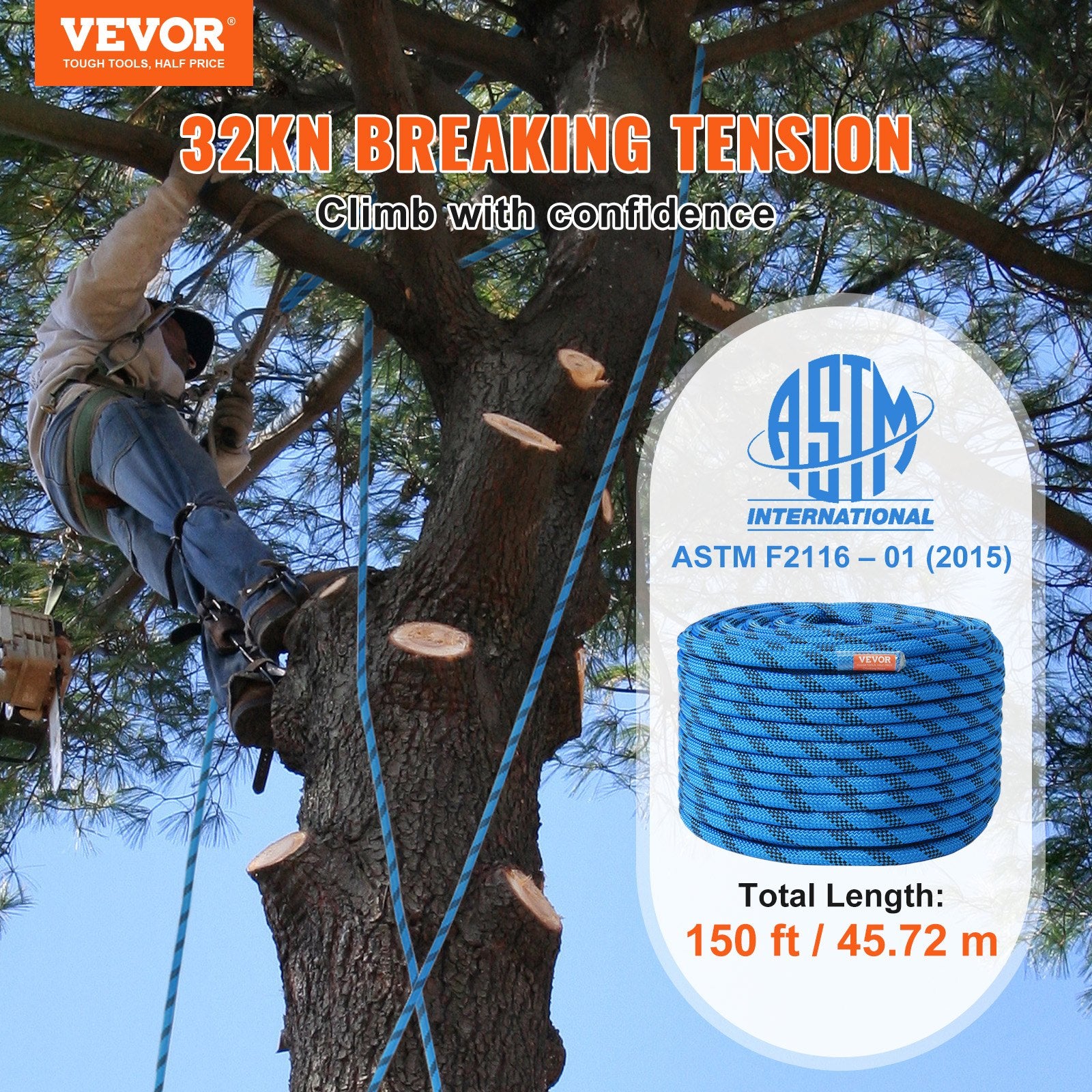 12.7mm Static Climbing Rope, 45.7M(150ft) Outdoor Rock Climbing Rope 30KN Breaking Tension, Fiber Rope with V952-DSJLSLSXWS15D8FTZV0