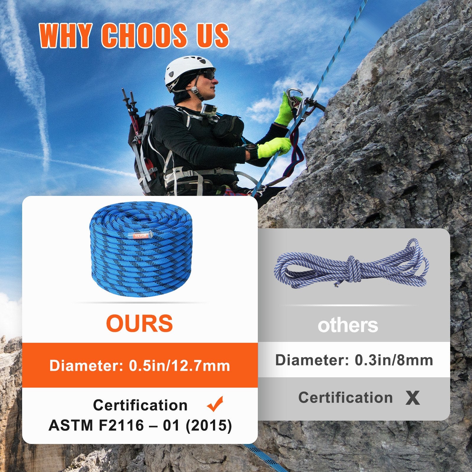 12.7mm Static Climbing Rope, 45.7M(150ft) Outdoor Rock Climbing Rope 30KN Breaking Tension, Fiber Rope with V952-DSJLSLSXWS15D8FTZV0