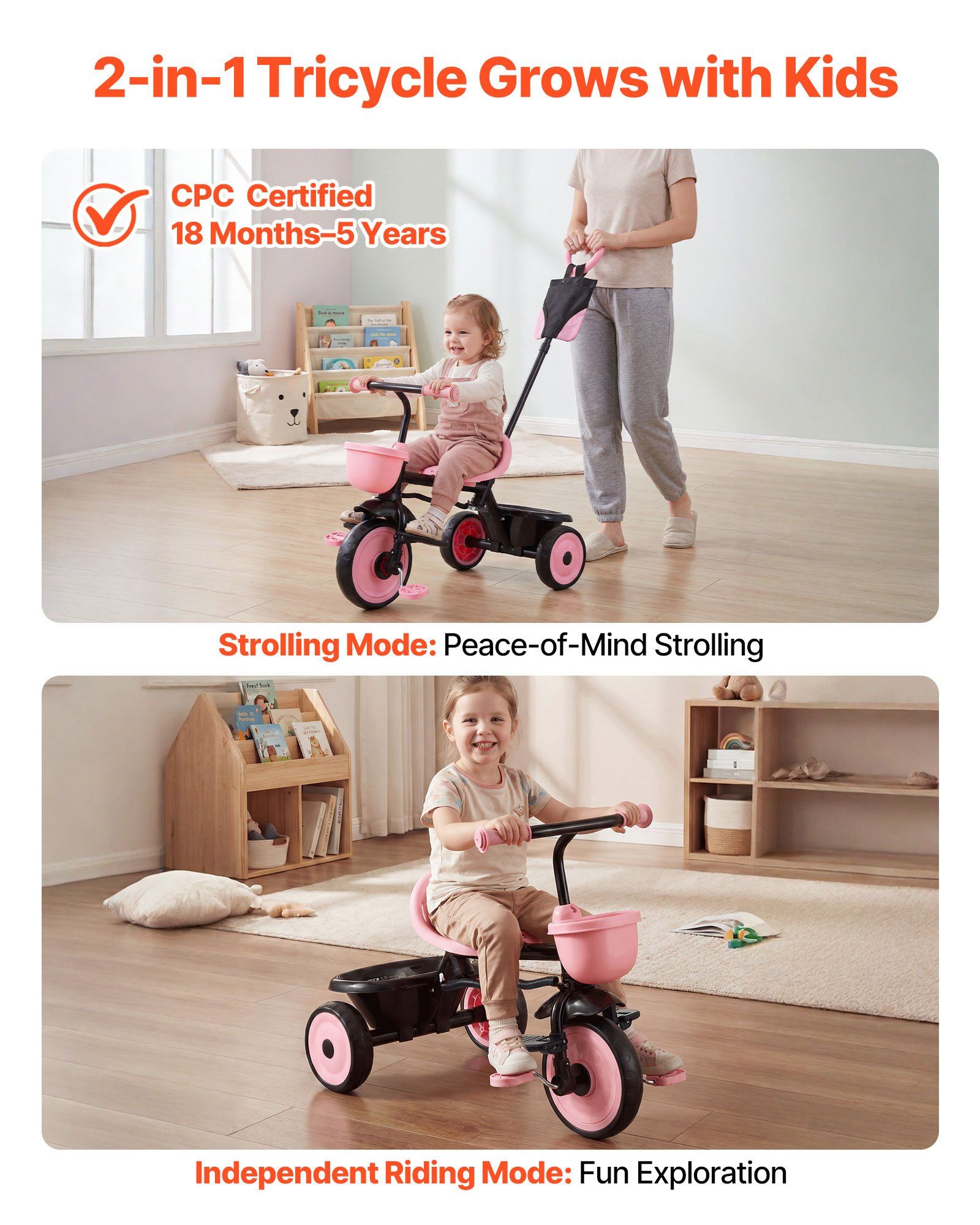 Toddler Tricycle & Stroller for 18 Months to 5 Year Old, Kids Trike with Parent Push Handle, Adjustable Seat V952-DSTGBDDPHLLBNEG56001V0