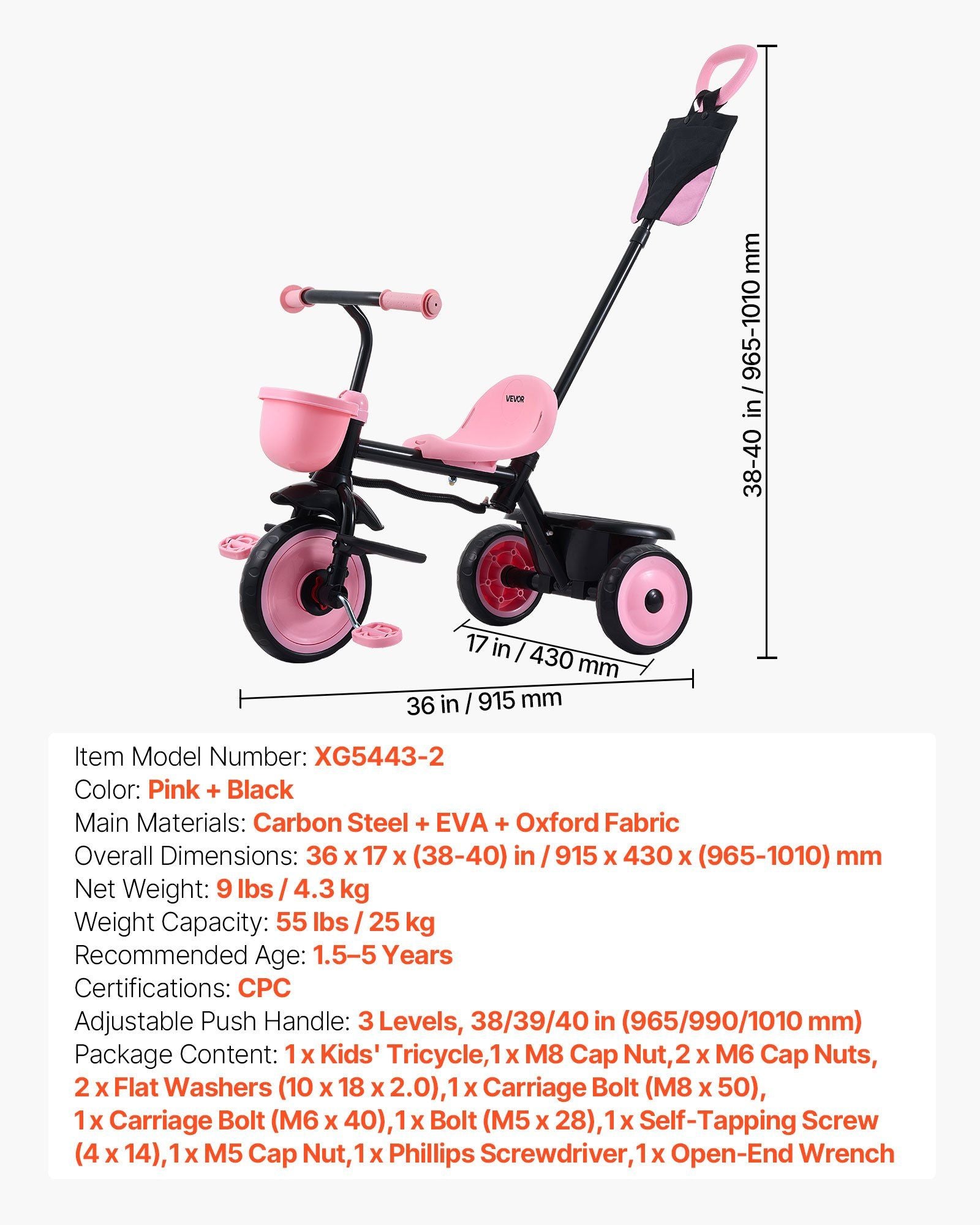 Toddler Tricycle & Stroller for 18 Months to 5 Year Old, Kids Trike with Parent Push Handle, Adjustable Seat V952-DSTGBDDPHLLBNEG56001V0