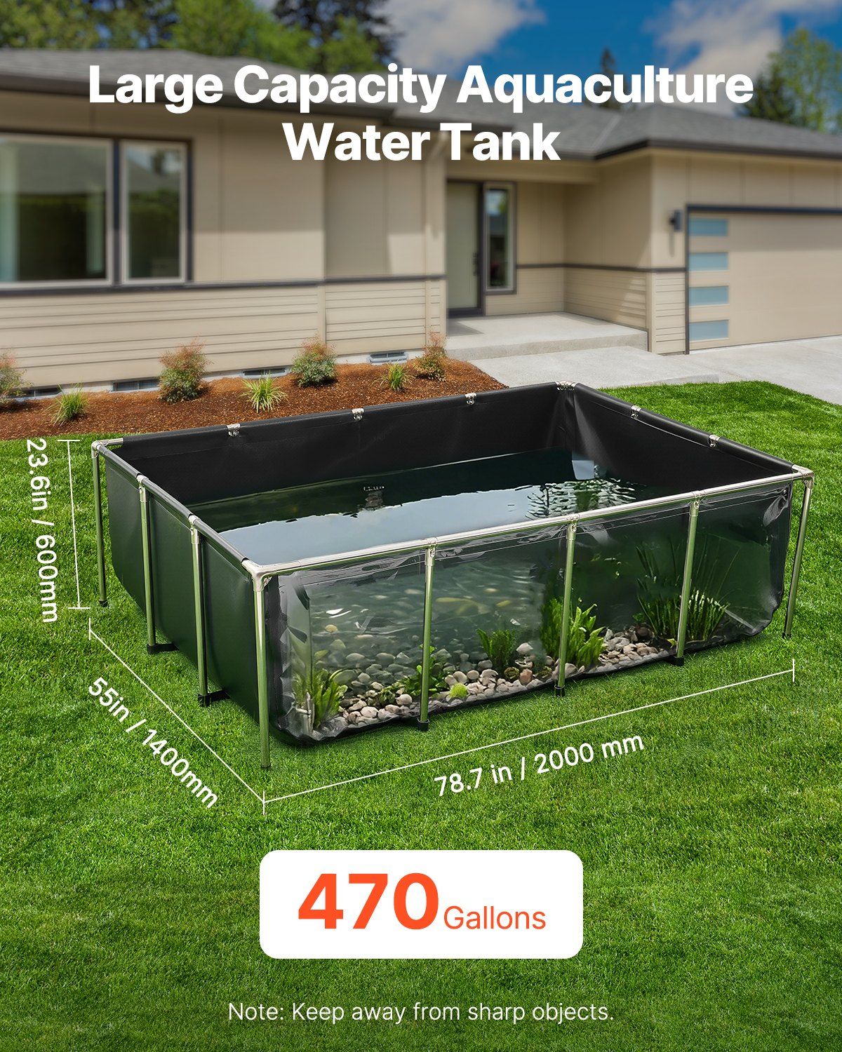 Canvas Fish Pond, 1781.3L Above Ground Fish Pond, PVC Koi Tank with Clear Viewing Panel, Rectangular Goldfish V952-DSYCHSDTMC21LEAON002V0