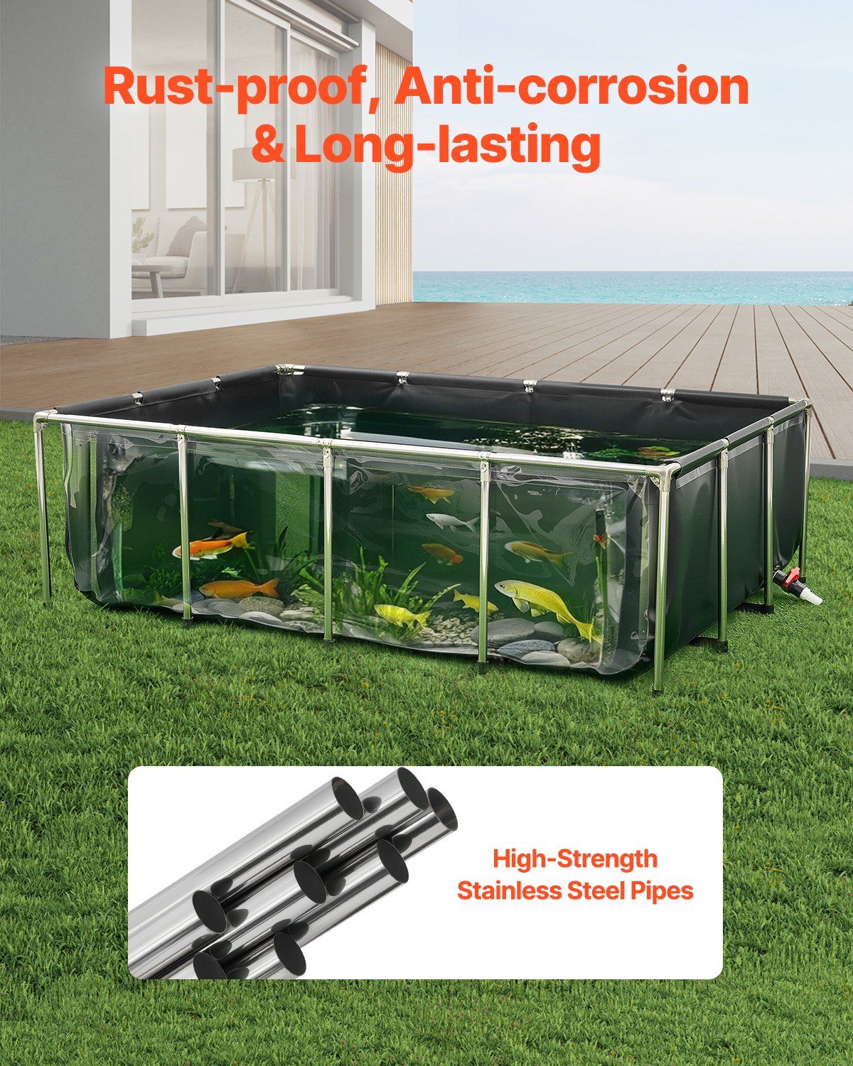 Canvas Fish Pond, 1781.3L Above Ground Fish Pond, PVC Koi Tank with Clear Viewing Panel, Rectangular Goldfish V952-DSYCHSDTMC21LEAON002V0