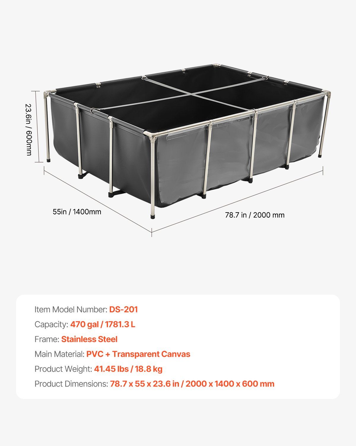 Canvas Fish Pond, 1781.3L Above Ground Fish Pond, PVC Koi Tank with Clear Viewing Panel, Rectangular Goldfish V952-DSYCHSDTMC21LEAON002V0