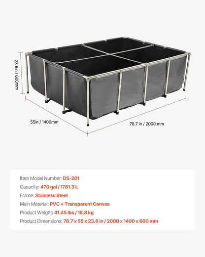 Canvas Fish Pond, 1781.3L Above Ground Fish Pond, PVC Koi Tank with Clear Viewing Panel, Rectangular Goldfish V952-DSYCHSDTMC21LEAON002V0