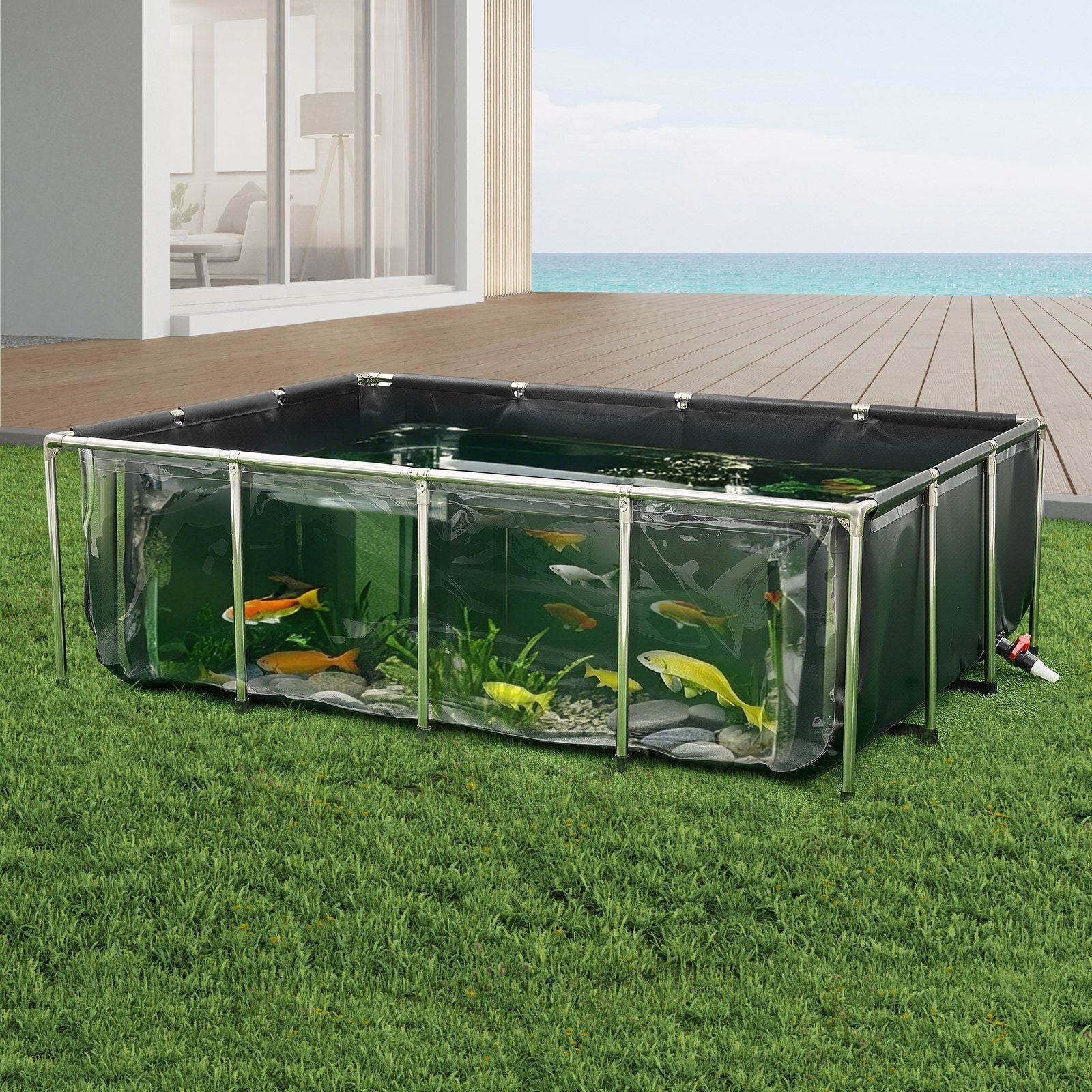 Canvas Fish Pond, 1781.3L Above Ground Fish Pond, PVC Koi Tank with Clear Viewing Panel, Rectangular Goldfish V952-DSYCHSDTMC21LEAON002V0