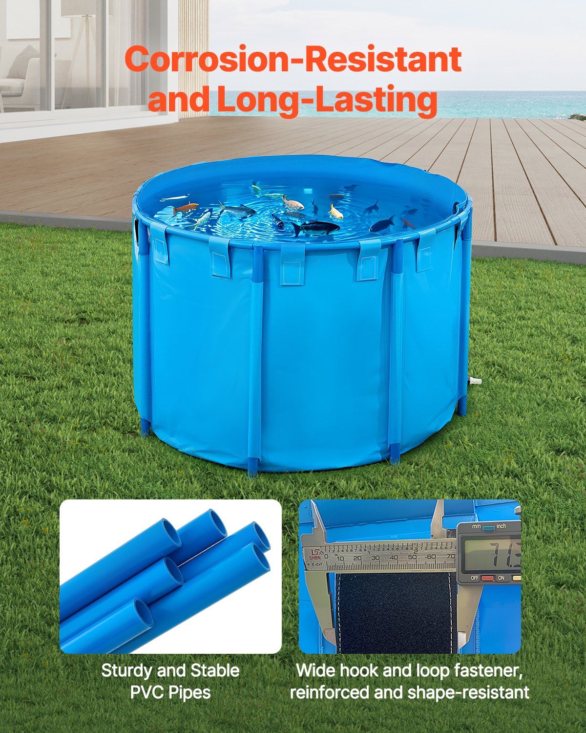 Canvas Fish Pond, 1700 L Capacity Above Ground Fish Pond, Foldable PVC Koi Tank, Round Goldfish Tank with V952-DSYCLS15MZJ1IJQEO001V0