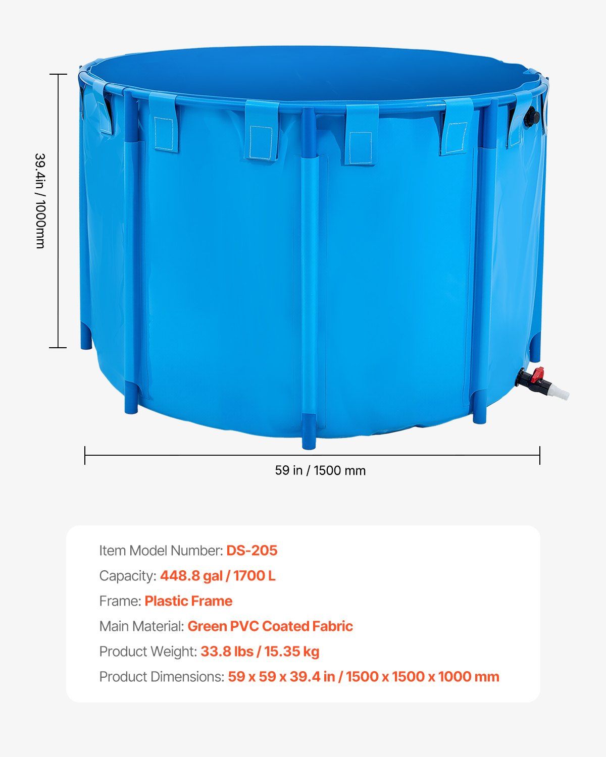 Canvas Fish Pond, 1700 L Capacity Above Ground Fish Pond, Foldable PVC Koi Tank, Round Goldfish Tank with V952-DSYCLS15MZJ1IJQEO001V0