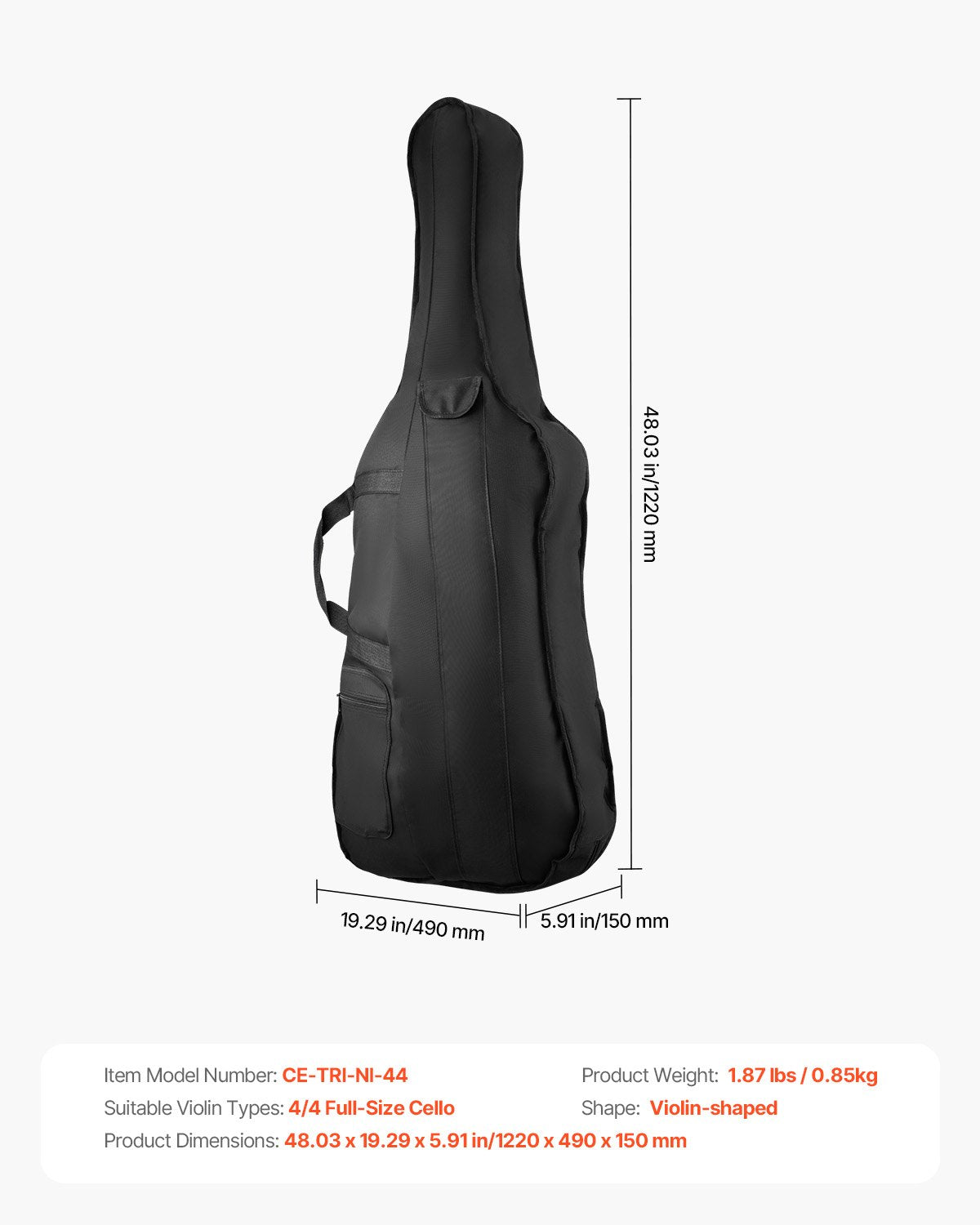 4/4 Full Size Cello Case, Nylon Waterproof, Lightweight Portable Travel Carrying Bag, with Reinforced Handle, V952-DTQHTQXNLXH4SBV0V001V0
