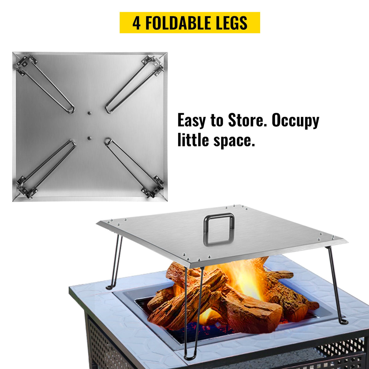 Fire Pit Heat Deflector Fire Pit Pan Cover Stainless Steel Foldable Legs V952-DTRSHPG24241363ZNV0