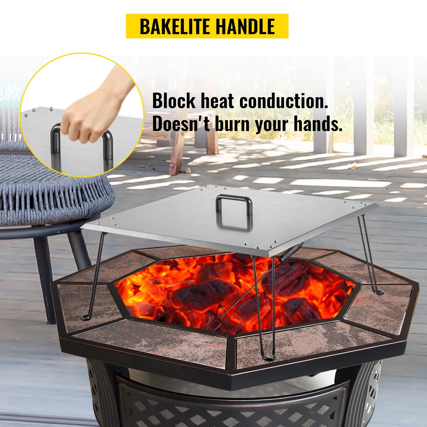 Fire Pit Heat Deflector Fire Pit Pan Cover Stainless Steel Foldable Legs V952-DTRSHPG24241363ZNV0