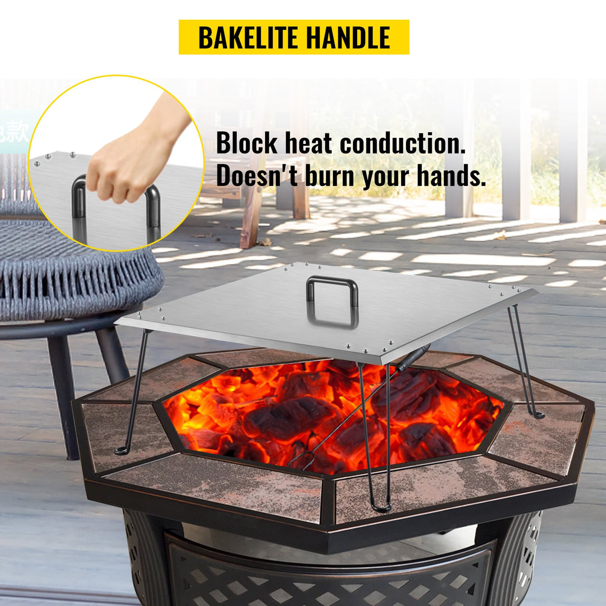 Fire Pit Heat Deflector Fire Pit Pan Cover Stainless Steel Foldable Legs V952-DTRSHPG24241363ZNV0