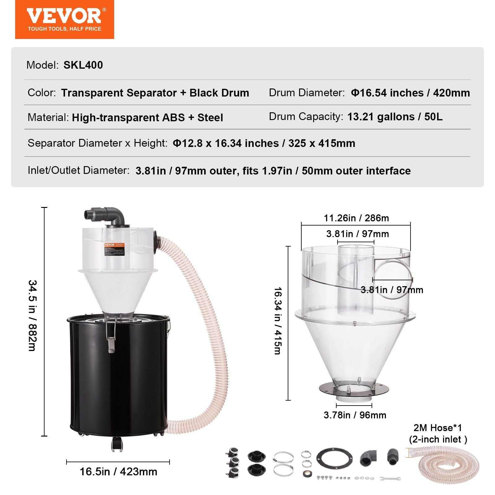 Cyclone Dust Separator with Metal Tank, 4" Retrofit Cyclone Separator for Dust Collectors, ABS Dust Deputy V952-DTXFCCQTJZXBLCKLWV0