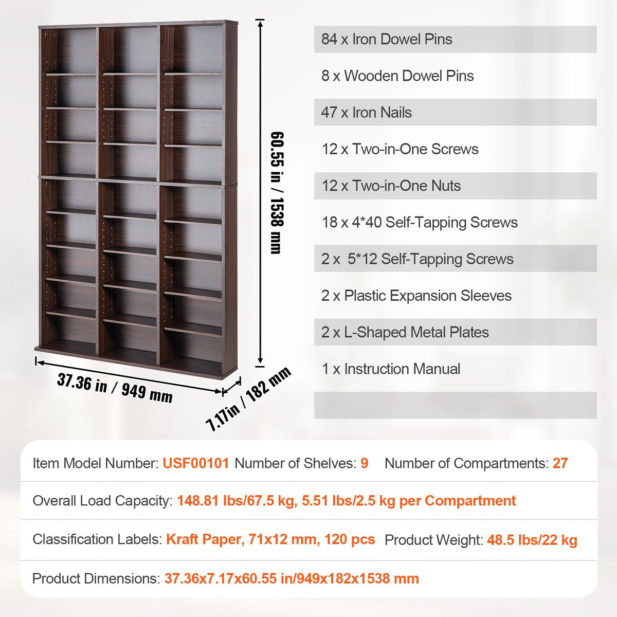 Media Storage Cabinet, 9-layer DVD Shelf Holds up to 756 CDs, Adjustable CD Shelves 27 Compartments, Protects V952-DVDCDCCJKFS2574OVV0