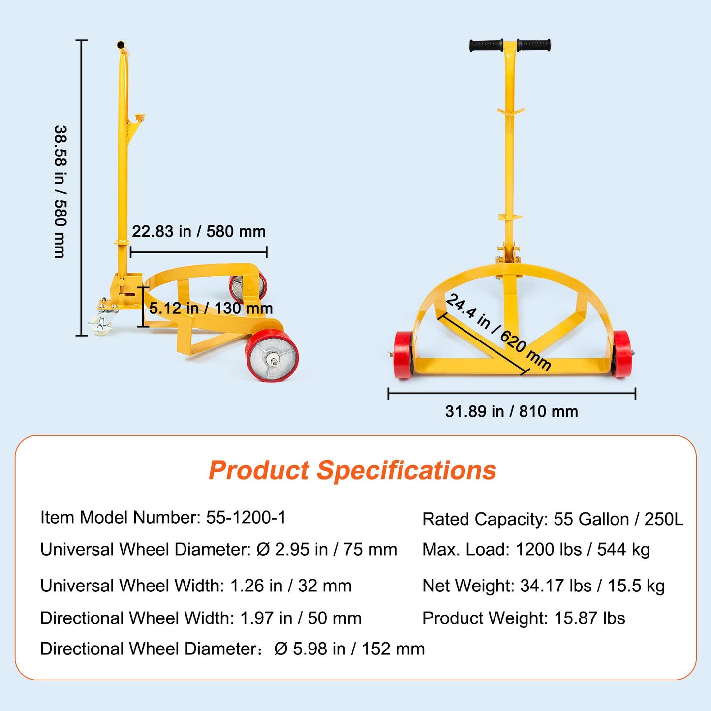 250L Drum Dolly, 544 kg Load Capacity, Barrel Dolly Cart Drum Caddy Round Dolly Steel Low Profile, Heavy Duty V952-DWYTT55120031ZGQLV0