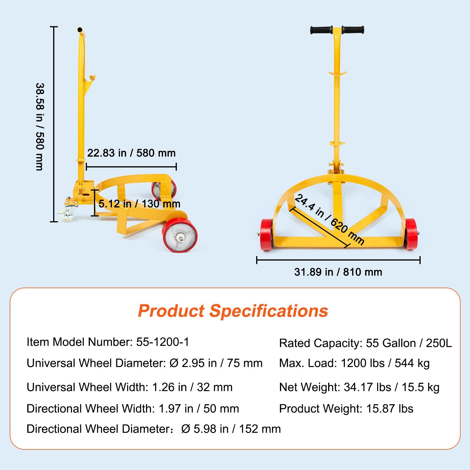 250L Drum Dolly, 544 kg Load Capacity, Barrel Dolly Cart Drum Caddy Round Dolly Steel Low Profile, Heavy Duty V952-DWYTT55120031ZGQLV0