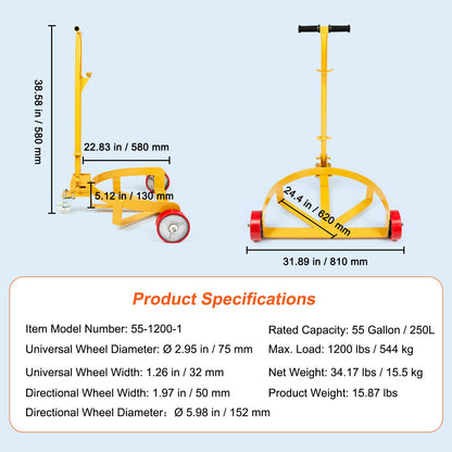 250L Drum Dolly, 544 kg Load Capacity, Barrel Dolly Cart Drum Caddy Round Dolly Steel Low Profile, Heavy Duty V952-DWYTT55120031ZGQLV0