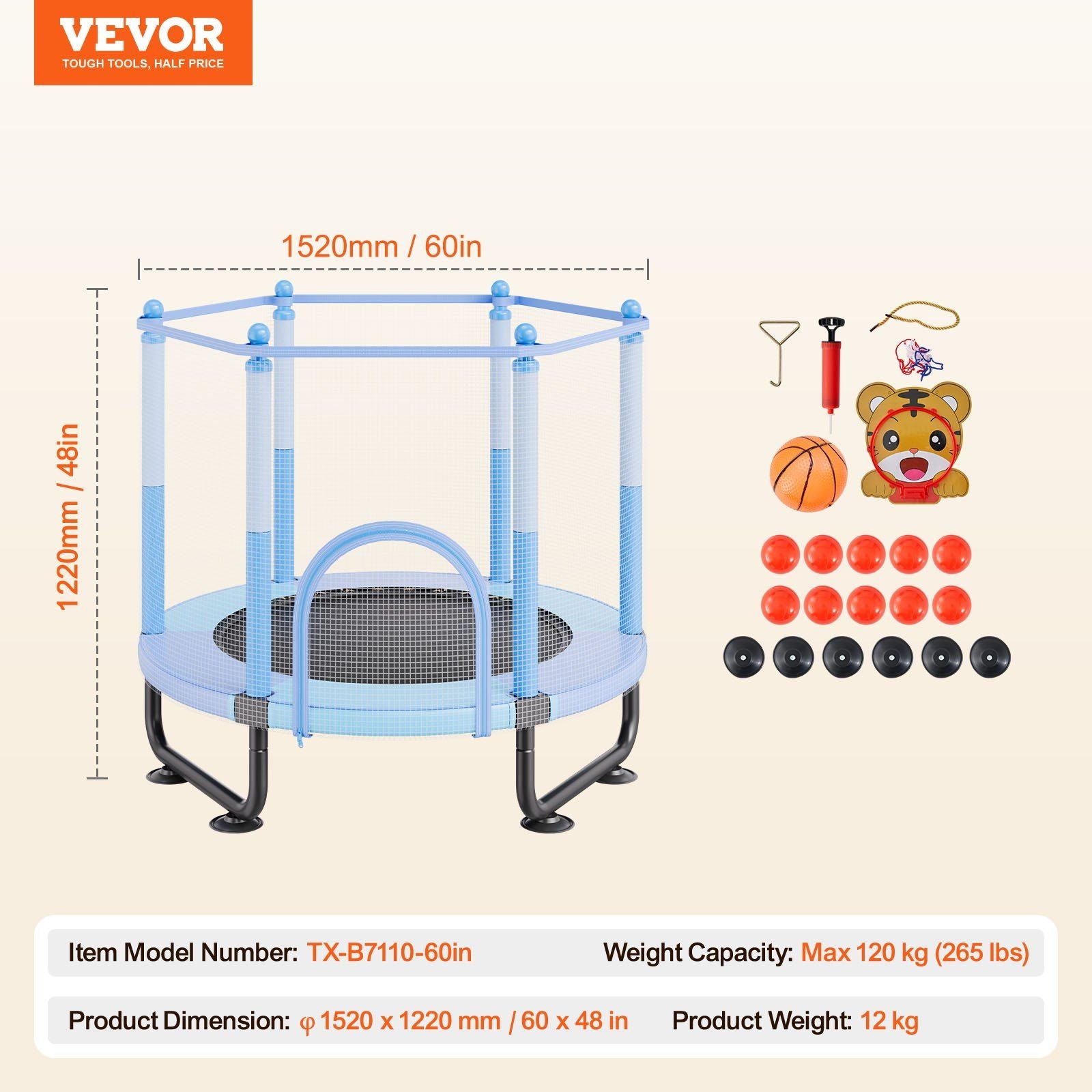 60" Kids Trampoline, 5FT Indoor Outdoor Trampoline, Mini Toddler Recreational Trampolinewith Safety Enclosure V952-DWYXBC60YCDW6KFK8V0