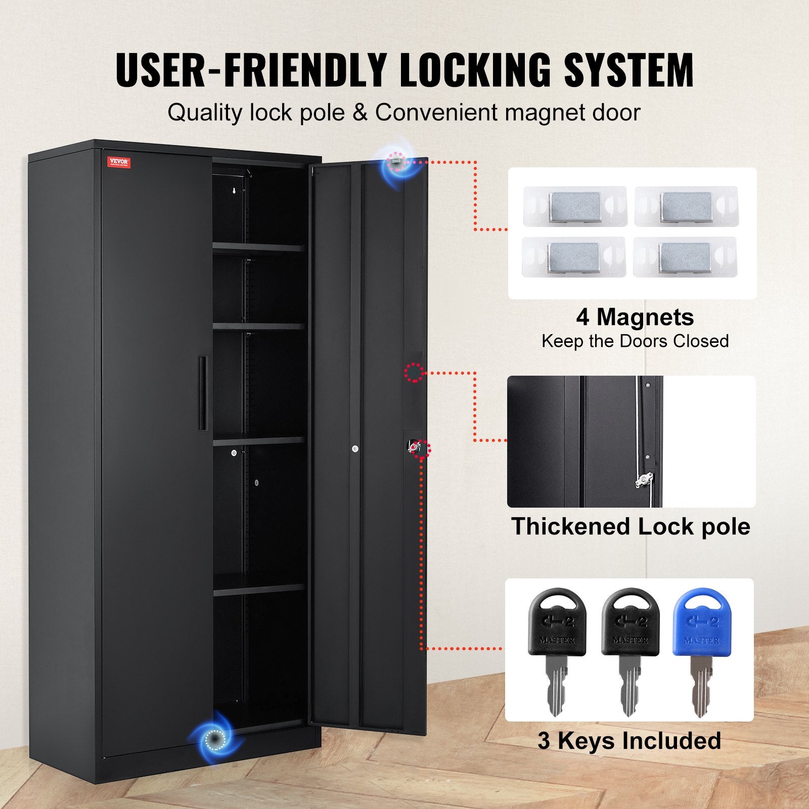Metal Storage Cabinet with 2 Magnetic Doors and 4 Adjustable Shelves, 90 kg Capacity per Shelf, Locking Steel V952-DXCWJCQHY5180QYF4V0