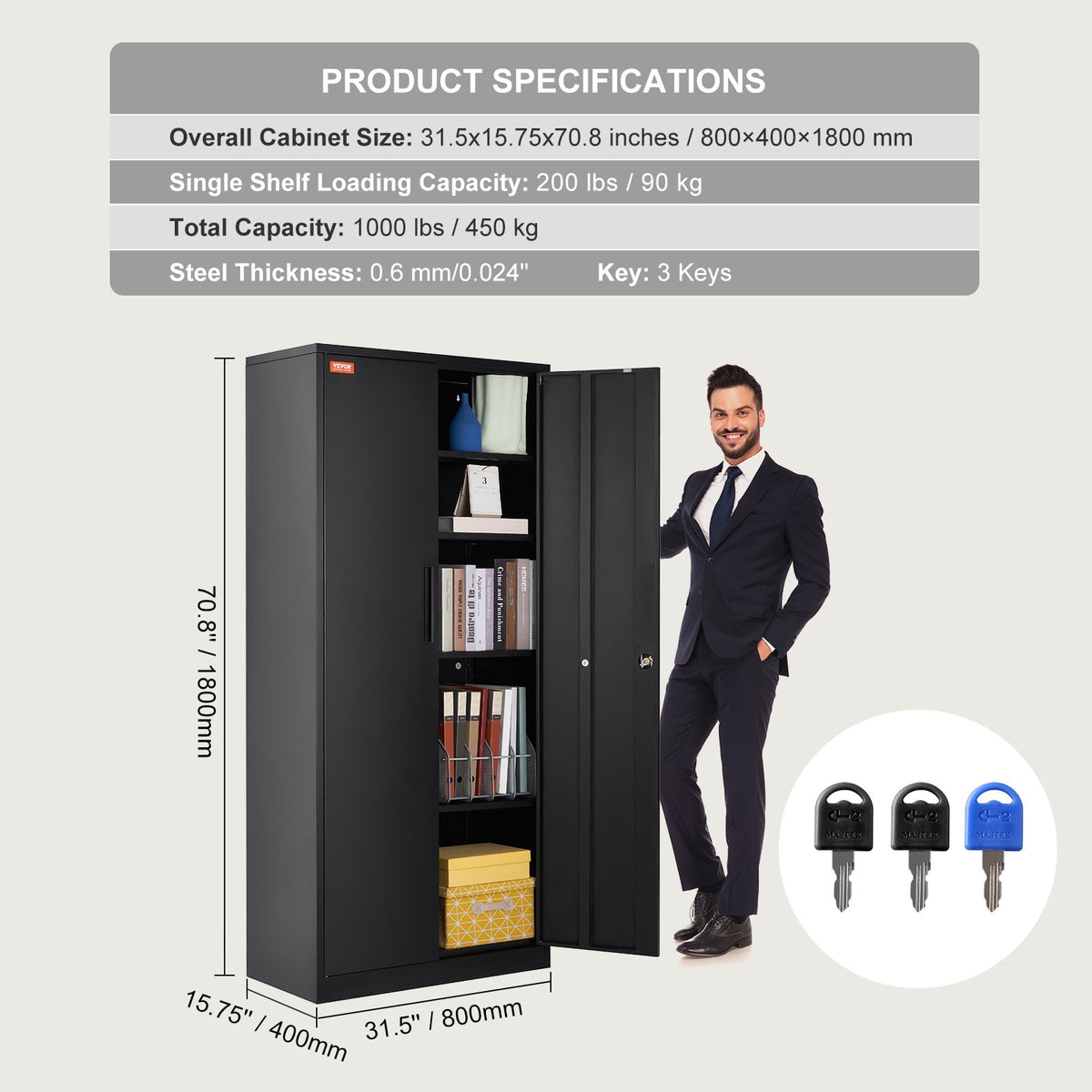 Metal Storage Cabinet with 2 Magnetic Doors and 4 Adjustable Shelves, 90 kg Capacity per Shelf, Locking Steel V952-DXCWJCQHY5180QYF4V0