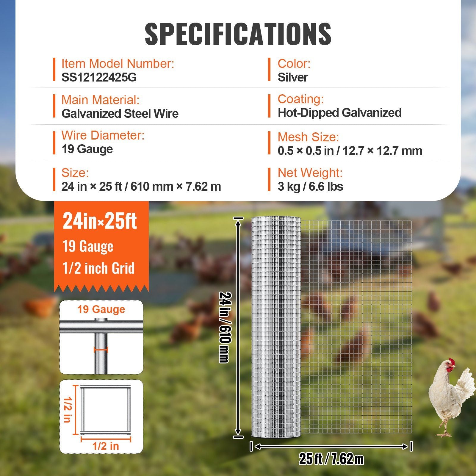 Hardware Cloth, 12.7mm 610mmx7.62m 19 Gauge, Hot Dipped Galvanized Wire Mesh Roll, Chicken Wire Fencing, Wire V952-DXGSWL24IN25CF4GSV0