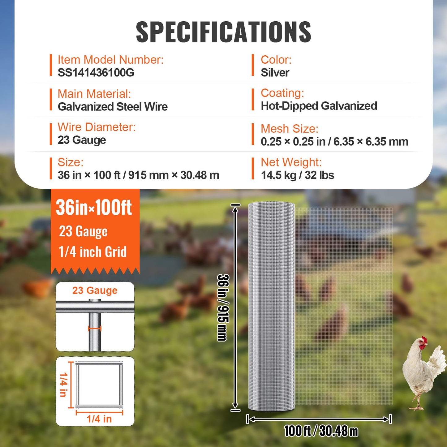 Hardware Cloth, 1/4 inch 36in x 100 ft 23 Gauge, Hot Dipped Galvanized Wire Mesh Roll, Chicken Wire Fencing, V952-DXGSWL36IN10L6KS7V0