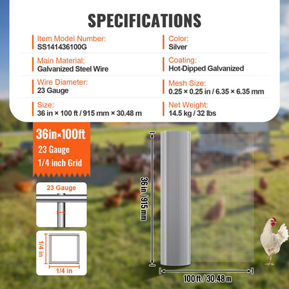 Hardware Cloth, 1/4 inch 36in x 100 ft 23 Gauge, Hot Dipped Galvanized Wire Mesh Roll, Chicken Wire Fencing, V952-DXGSWL36IN10L6KS7V0