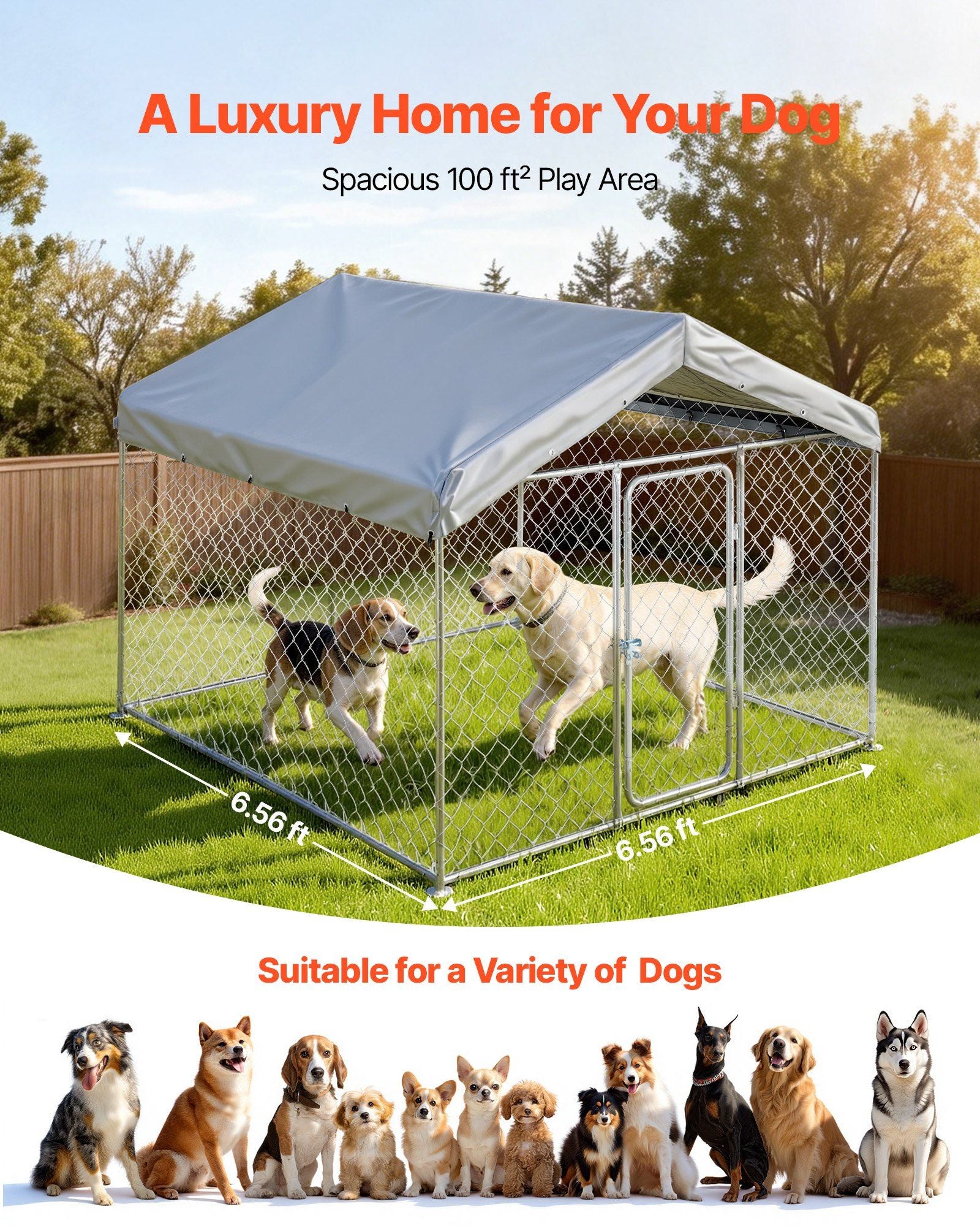 Outdoor Dog Kennel, 2 x 2 x 1.6 m Large Dog Kennel with Secure Lock, Outside Dogs Enclosures with V952-DXHWQSYS6565NAQH5002V0