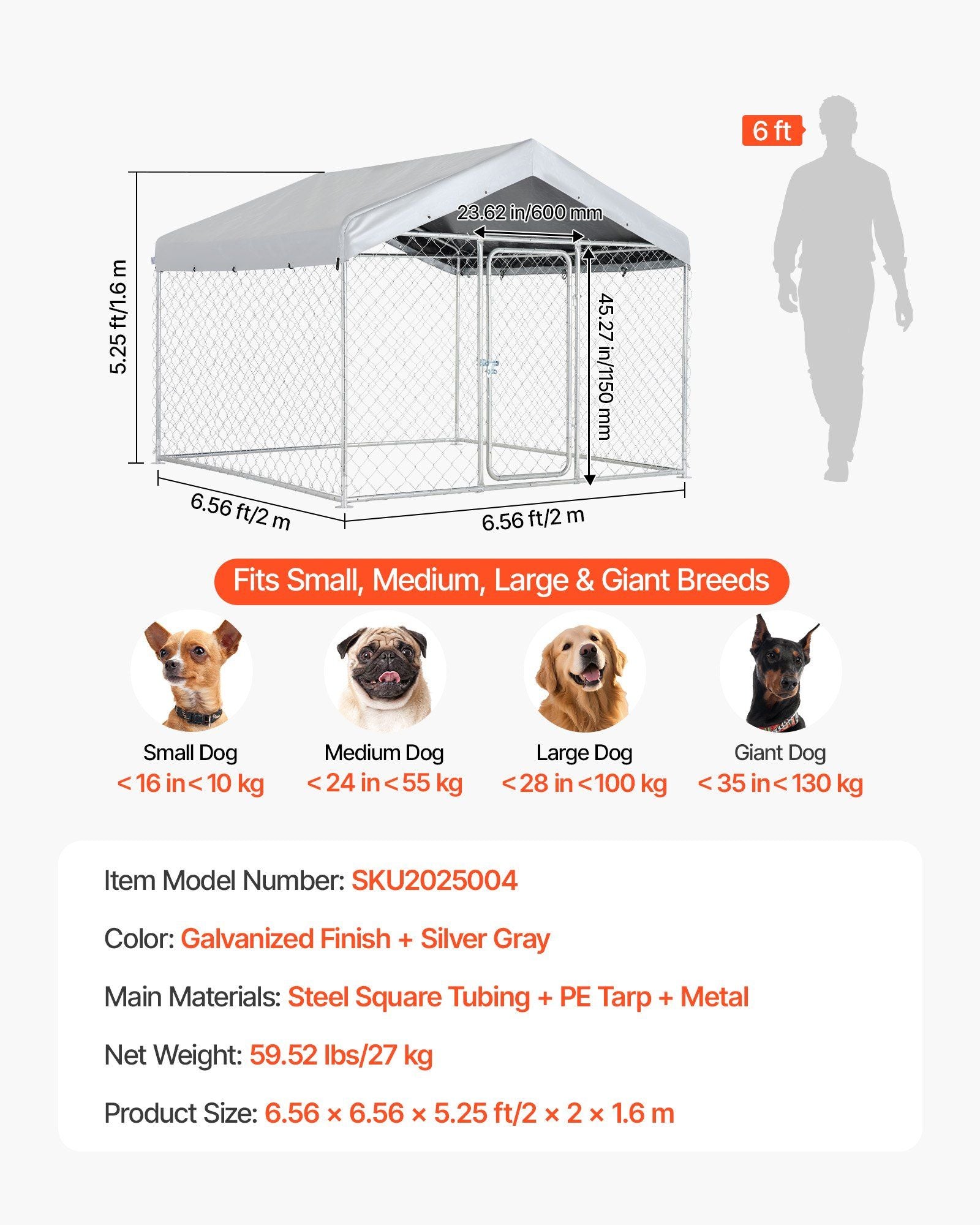 Outdoor Dog Kennel, 2 x 2 x 1.6 m Large Dog Kennel with Secure Lock, Outside Dogs Enclosures with V952-DXHWQSYS6565NAQH5002V0