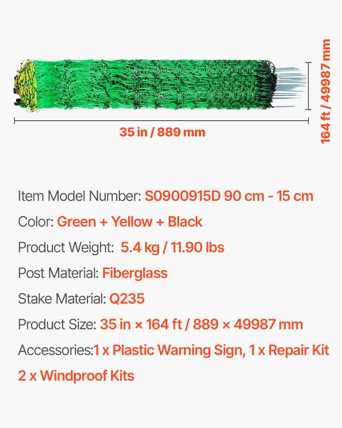 Electric Fence Netting, 0.88 x 49.98 m, PE Net Fencing with Posts & Double-Spiked Stakes, Utility Portable V952-DXJCWLW35IN1ED6DAV9
