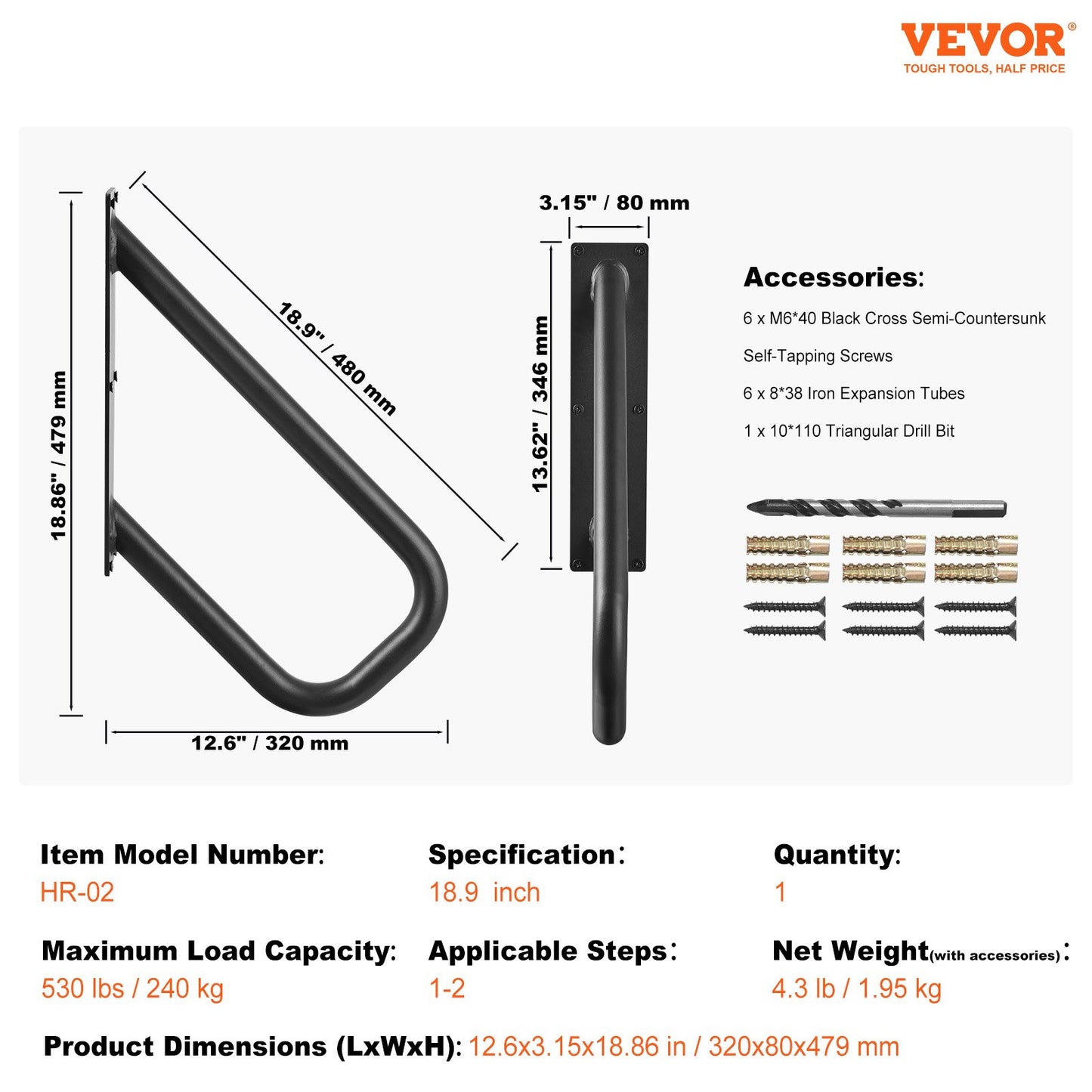 Handrails for Outdoor Steps, 18.9" Length 1.3"Pipe Wall Mount Safety Railings for 1-2 Steps, Stair Handrail V952-DXSBSHS189INS1J6YV0