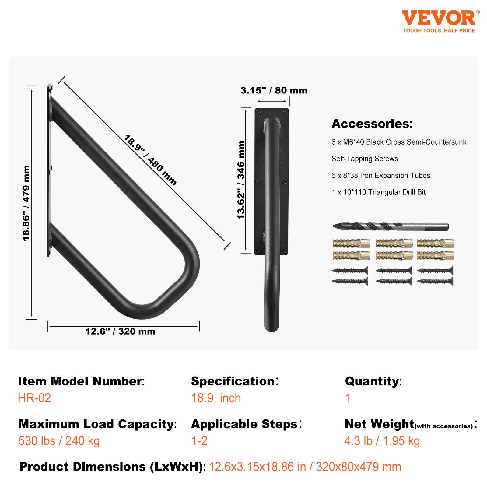 Handrails for Outdoor Steps, 18.9" Length 1.3"Pipe Wall Mount Safety Railings for 1-2 Steps, Stair Handrail V952-DXSBSHS189INS1J6YV0