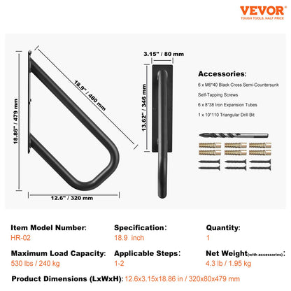 Handrails for Outdoor Steps, 18.9" Length 1.3"Pipe Wall Mount Safety Railings for 1-2 Steps, Stair Handrail V952-DXSBSHS189INS1J6YV0