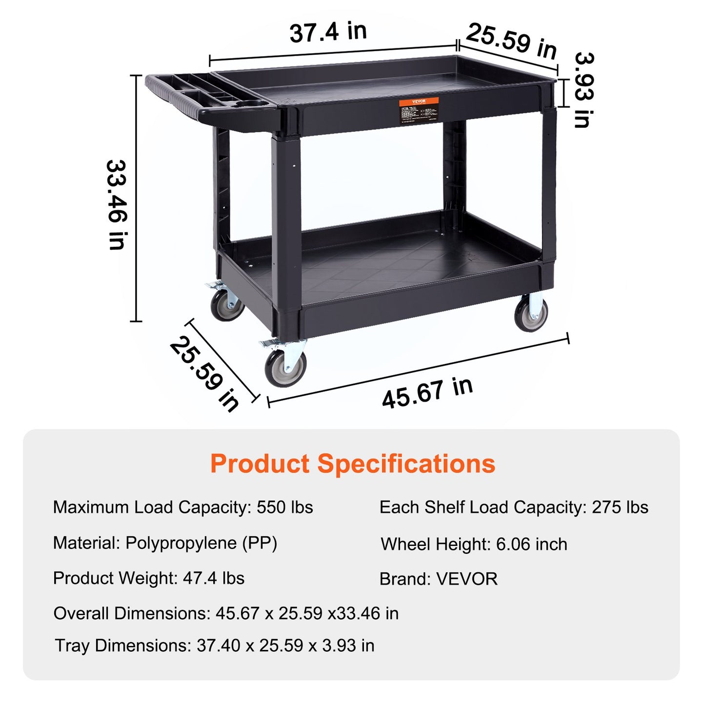 Utility Service Cart, 2 Shelf 550LBS Heavy Duty Plastic Rolling Utility Cart with 360 degrees Swivel Wheels V952-DXSLSYTCDXCD2ZRGNV0