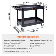 Utility Service Cart, 2 Shelf 550LBS Heavy Duty Plastic Rolling Utility Cart with 360 degrees Swivel Wheels V952-DXSLSYTCDXCD2ZRGNV0