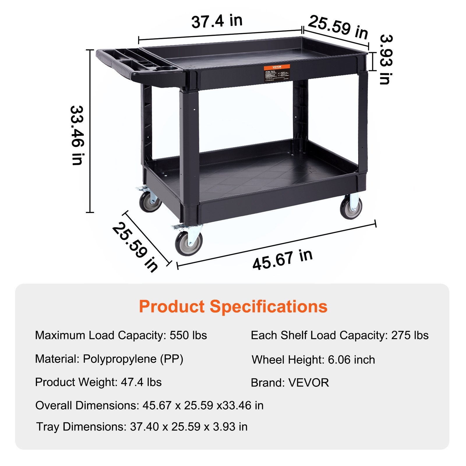 Utility Service Cart, 2 Shelf 550LBS Heavy Duty Plastic Rolling Utility Cart with 360 degrees Swivel Wheels V952-DXSLSYTCDXCD2ZRGNV0
