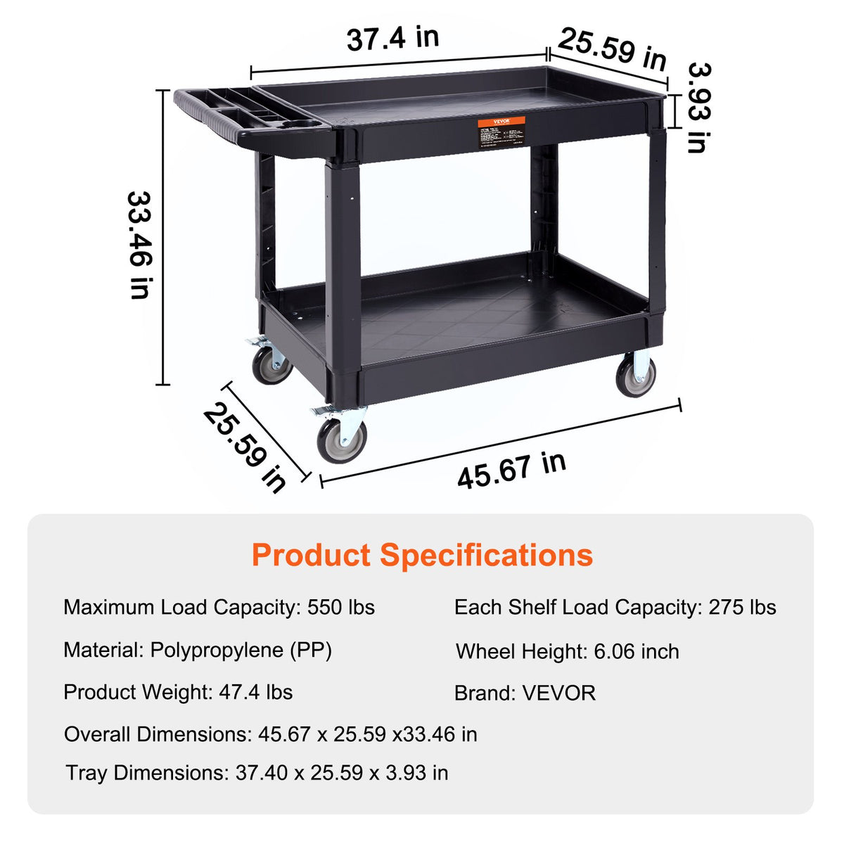 Utility Service Cart, 2 Shelf 550LBS Heavy Duty Plastic Rolling Utility Cart with 360 degrees Swivel Wheels V952-DXSLSYTCDXCD2ZRGNV0