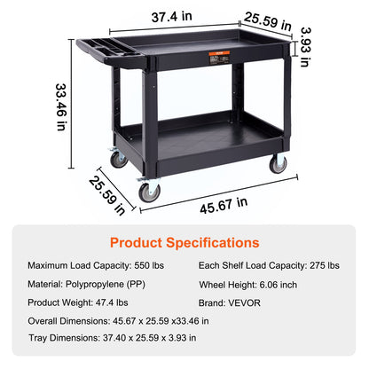 Utility Service Cart, 2 Shelf 550LBS Heavy Duty Plastic Rolling Utility Cart with 360 degrees Swivel Wheels V952-DXSLSYTCDXCD2ZRGNV0