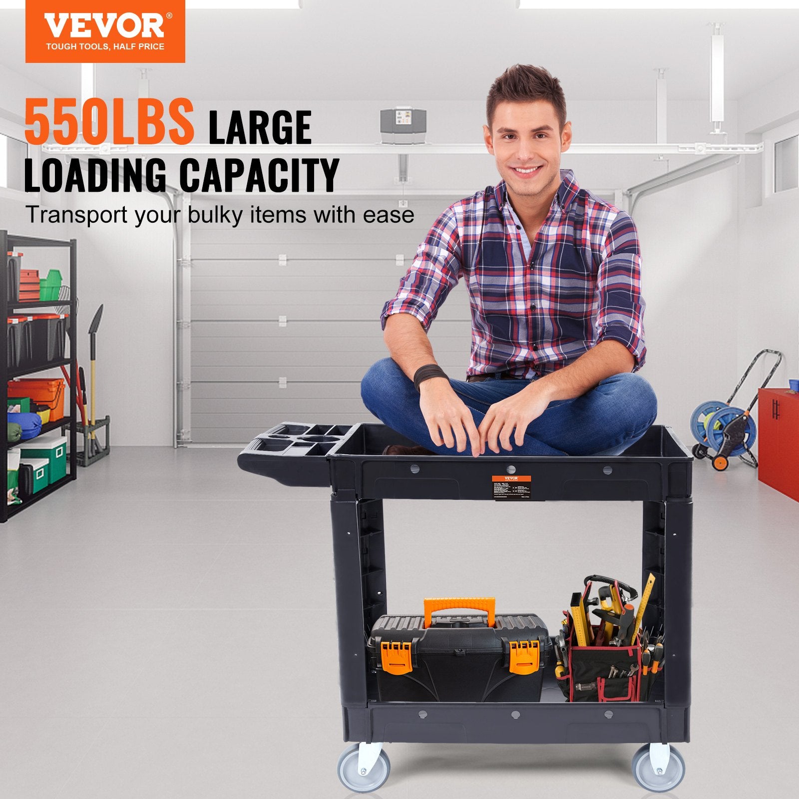Utility Service Cart, 2 Shelf 550LBS Heavy Duty Plastic Rolling Utility Cart with 360 degrees Swivel Wheels, V952-DXSLSYTCDXCX2WXI2V0