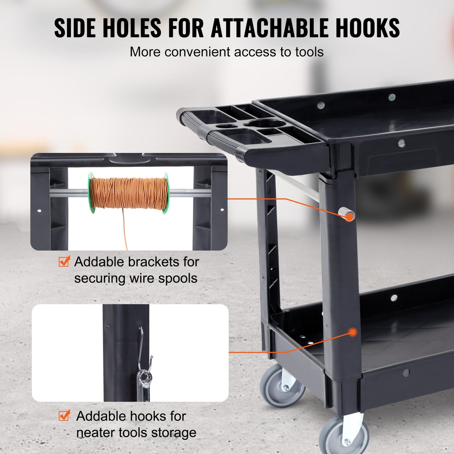 Utility Service Cart, 2 Shelf 550LBS Heavy Duty Plastic Rolling Utility Cart with 360 degrees Swivel Wheels, V952-DXSLSYTCDXCX2WXI2V0