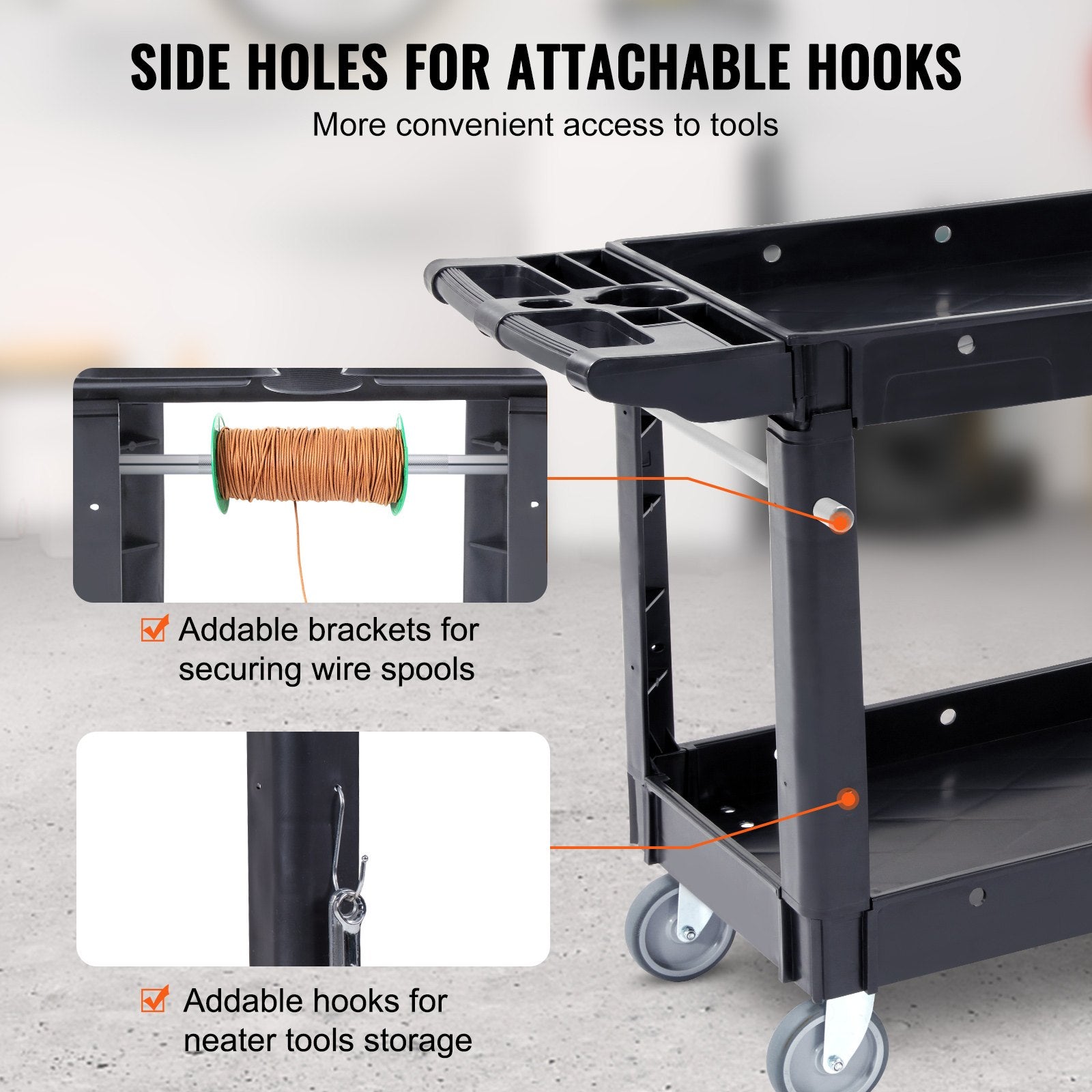 Utility Service Cart, 2 Shelf 550LBS Heavy Duty Plastic Rolling Utility Cart with 360 degrees Swivel Wheels, V952-DXSLSYTCDXCX2WXI2V0
