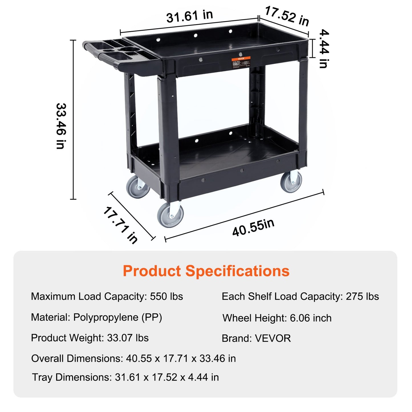 Utility Service Cart, 2 Shelf 550LBS Heavy Duty Plastic Rolling Utility Cart with 360 degrees Swivel Wheels, V952-DXSLSYTCDXCX2WXI2V0