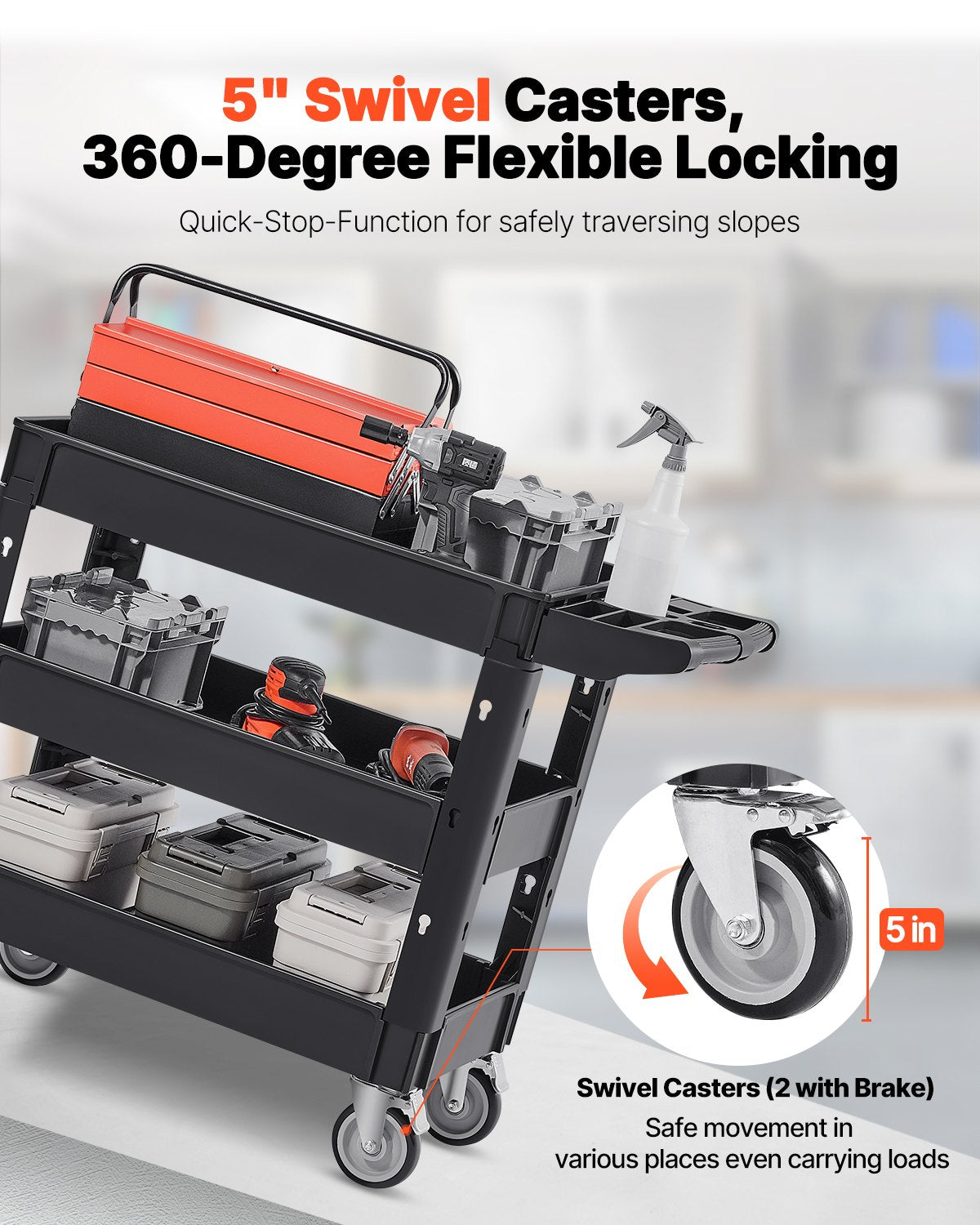 Utility Service Cart, 550 LBS Laod Capacity, 3 Shelf Heavy Duty Plastic Rolling Utility Cart with 360 degrees V952-DXSLSYTCDXCX3K5H9V0