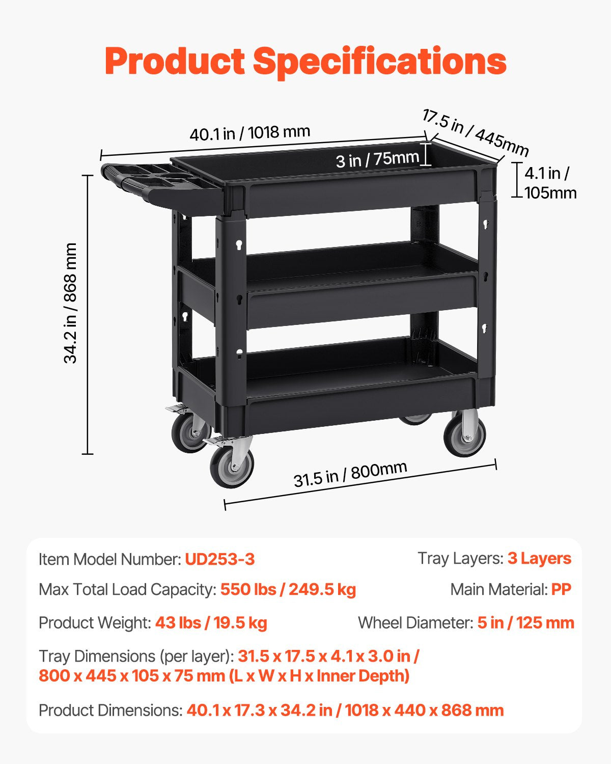 Utility Service Cart, 550 LBS Laod Capacity, 3 Shelf Heavy Duty Plastic Rolling Utility Cart with 360 degrees V952-DXSLSYTCDXCX3K5H9V0