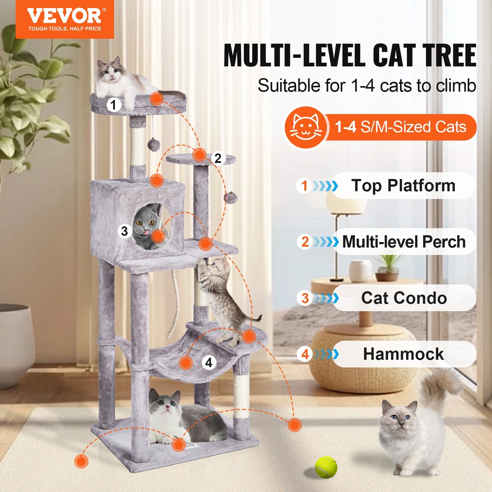 Cat Tree 143 cm Cat Tower with Cat Condo Sisal Scratching Post Light Grey V952-DXSMS6C1FQH0BQP06V0