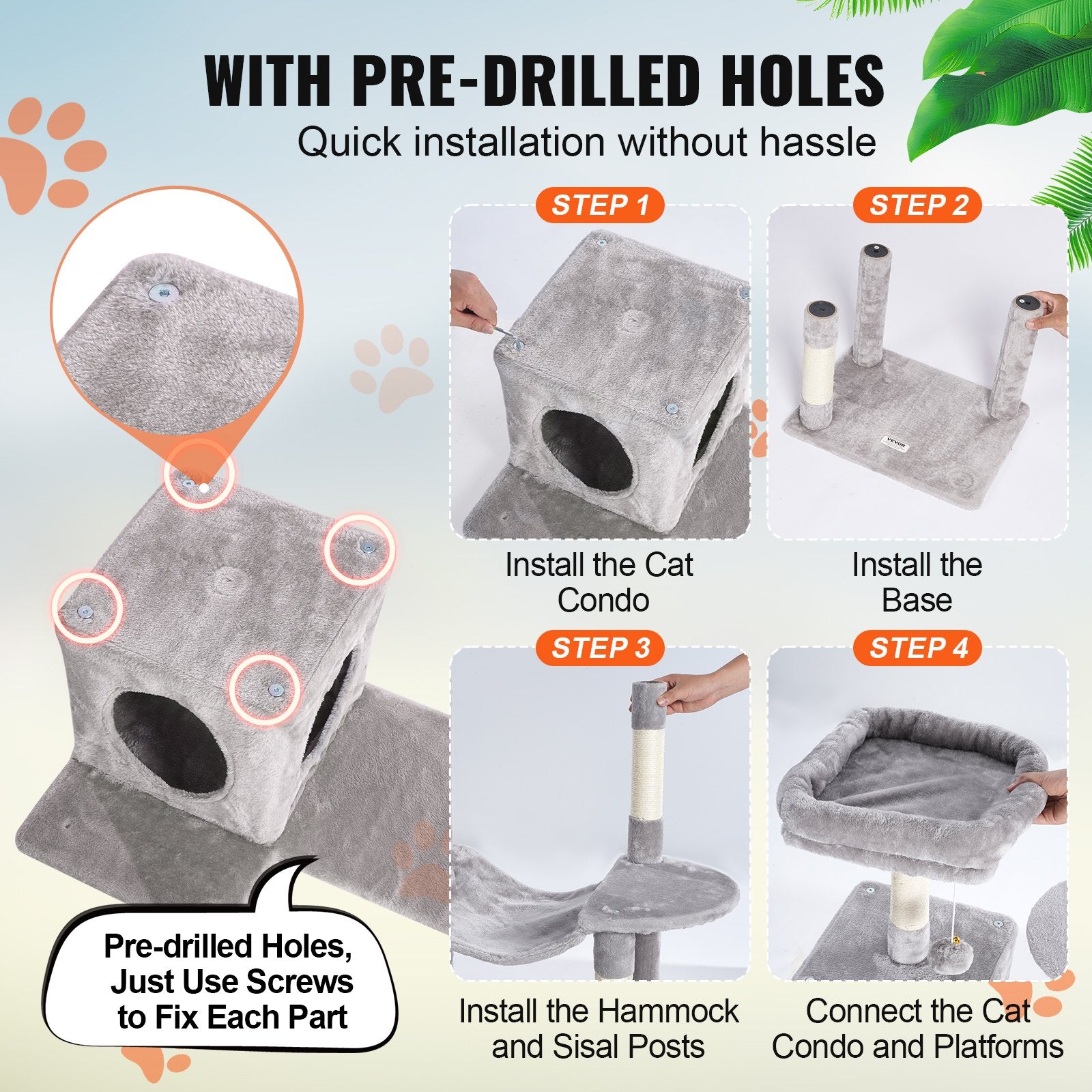 Cat Tree 143 cm Cat Tower with Cat Condo Sisal Scratching Post Light Grey V952-DXSMS6C1FQH0BQP06V0