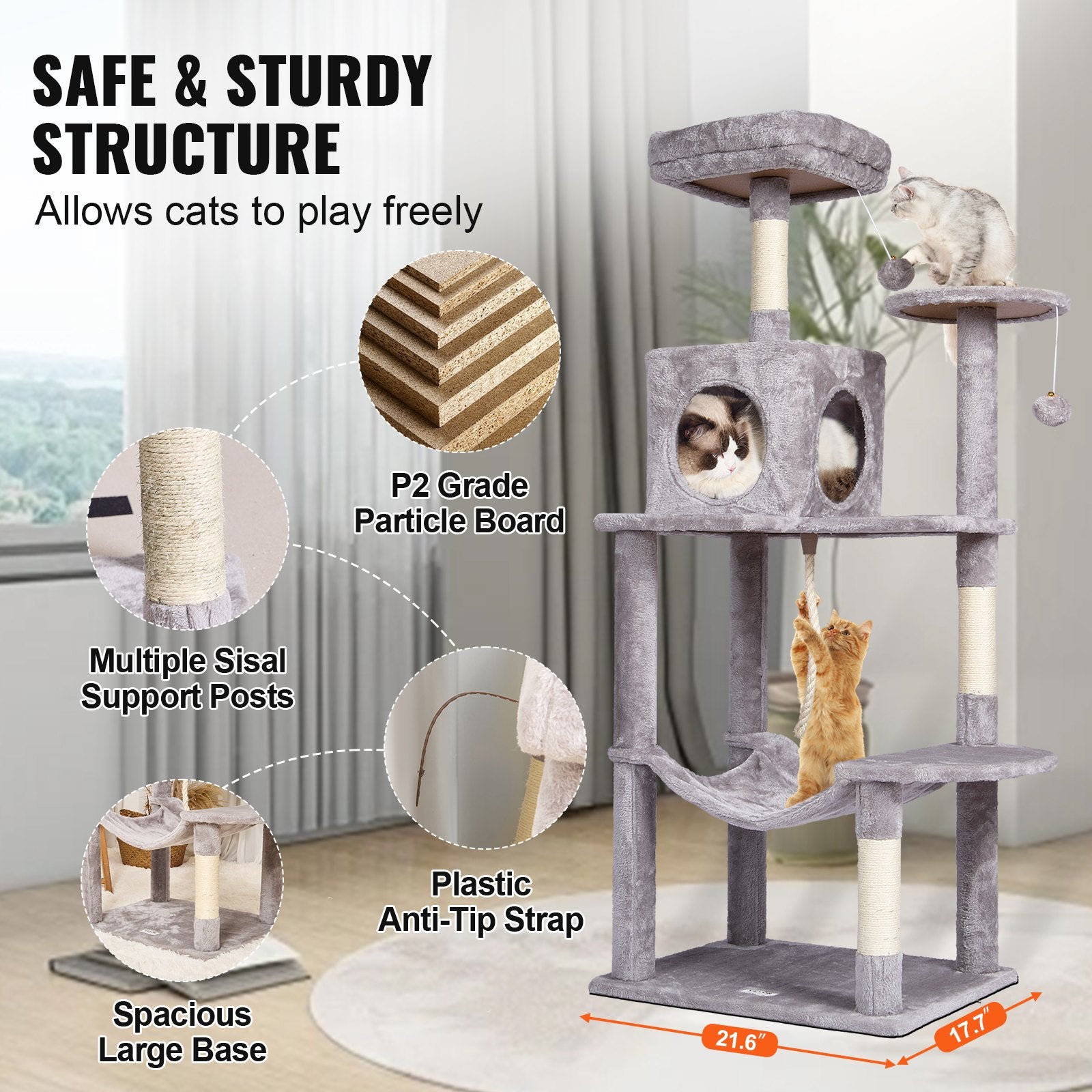 Cat Tree 143 cm Cat Tower with Cat Condo Sisal Scratching Post Light Grey V952-DXSMS6C1FQH0BQP06V0
