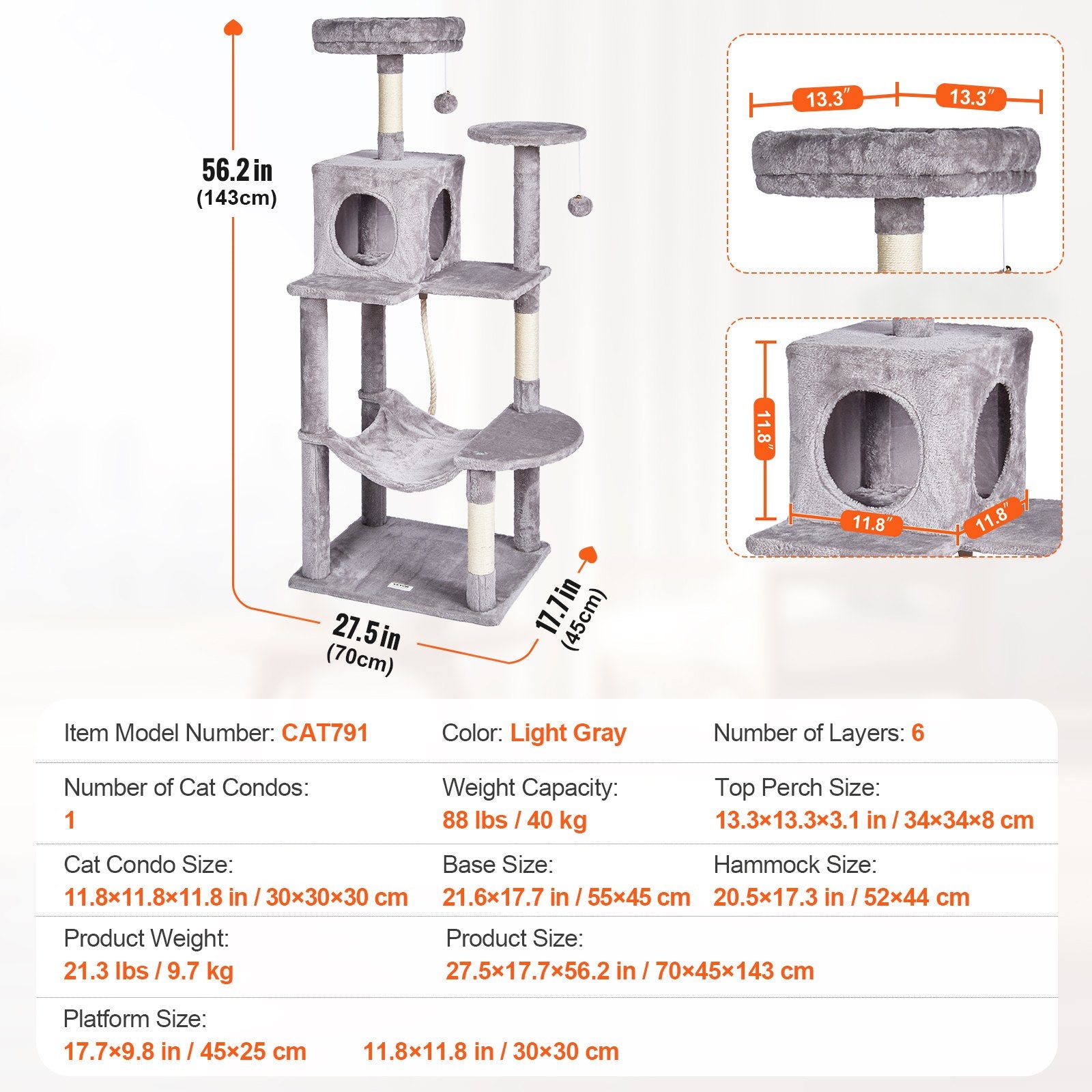 Cat Tree 143 cm Cat Tower with Cat Condo Sisal Scratching Post Light Grey V952-DXSMS6C1FQH0BQP06V0