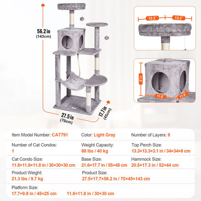 Cat Tree 143 cm Cat Tower with Cat Condo Sisal Scratching Post Light Grey V952-DXSMS6C1FQH0BQP06V0